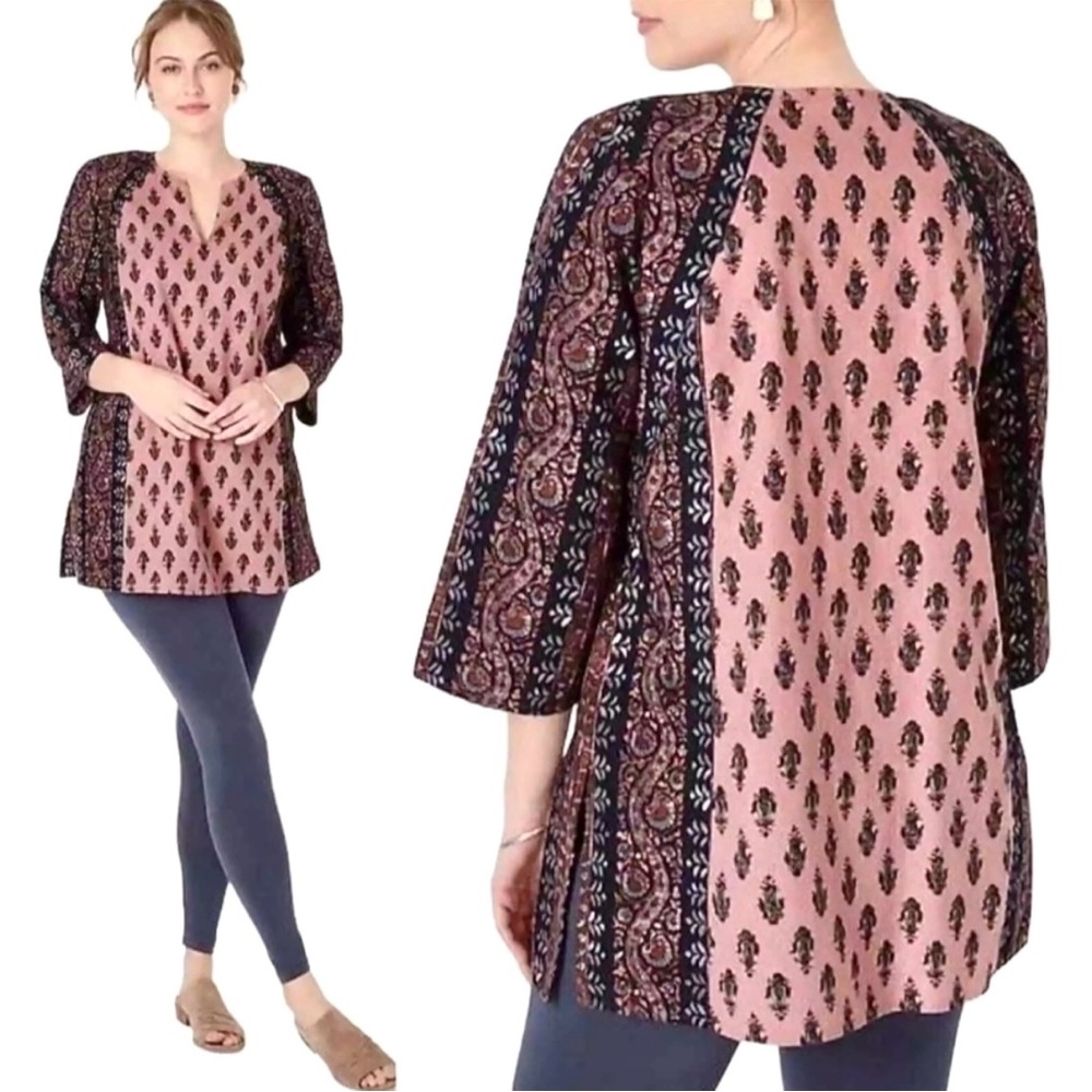 Sz S J Jill Pure Jill Boho Pink Folkloric Stamped Tunic Shirt Cotton Linen Blend